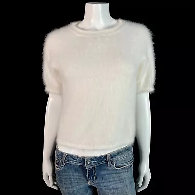 70% Angora Fuzzy Vintage PSC Off-White Short-Sleeve Pullover Sweater 32 In Bust • $44.99