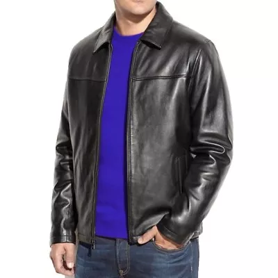 Men's Real Leather Black Bomber Jacket Genuine Slim Fit Motorcycle Biker New • $154.99