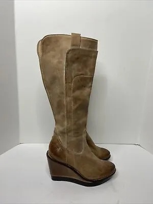 FRYE Paige Wedge Women's 8.5 M Boots Knee-High Beige Distressed Leather. EUC • $95