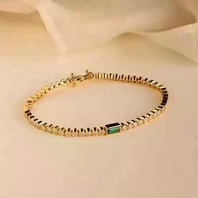 Women Bracelet 2Ct Lab Created Green Emerald Baguette Cut 14K Yellow Gold Plated • $199.49