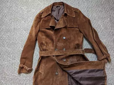 Vintage ENGLAND Made SUEDE Leather 42 Brown BELTED Sherlock WESTERN Trench Coat • $224.95
