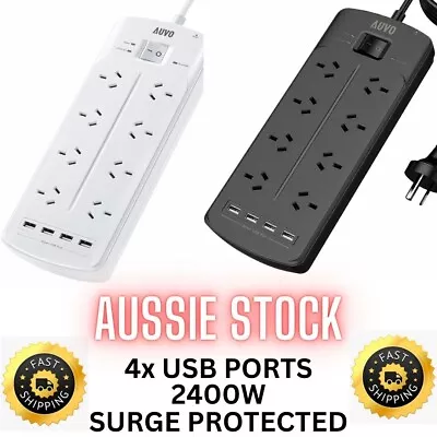 8 Way Power Board Outlet With 4 USB Ports Charger Sockets Surge Protected 2400W • $38.95