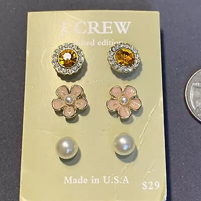 J. Crew Earrings Set Crystal Flowers Pearl Limited Edition Pierced 3 Pr • $2.99