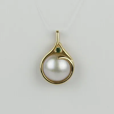 Pretty 14k Yellow Gold Mabe Pearl Emerald Womens Necklace Pendant • $269