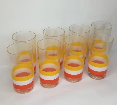  Vtg. Set Of 8 Georges Briard Signed Yellow Orange White Stripe Glass Tumblers • $75