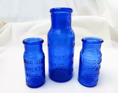 Vintage Bromo Seltzer Bottles Cobalt Blue 2 Sizes 4  & 2.5  Emerson Drug Co. • $29.95