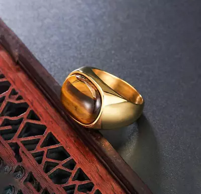 18K Yellow Gold Over Tiger Eye Gem Signet Statement Men's Signet Ring Size 8-17 • $399.99