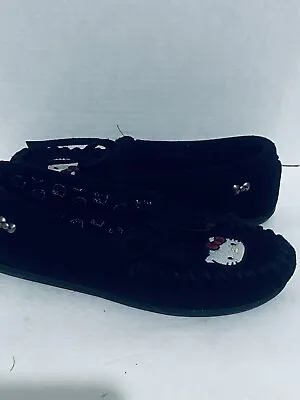 MINNETONKA MOCCASIN Black Suede Hello Kitty Slip On Tie Loafers  Girls Size 2 • $22.99