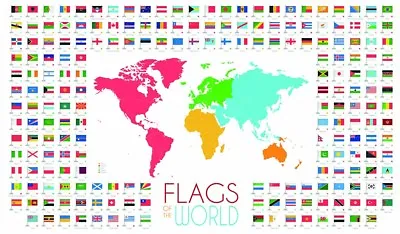 Flags Of The World And Map Wall Art Self Adhesive Vinyl Sticker Poster V2 • £11