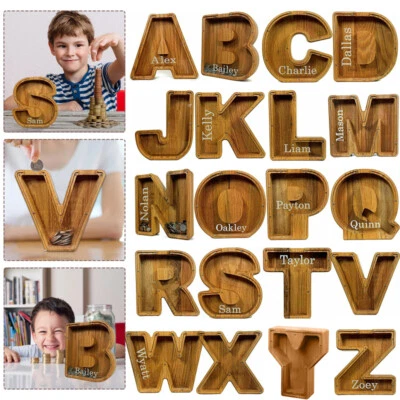 Wooden Piggy Bank Funny Letter/Guitar Coin Saving Money Box Kids Adults Gift A-Z • $24.99
