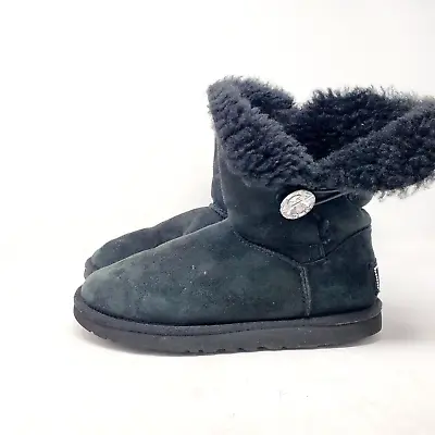 UGG Bailey Button Bling Boots Womens 7 Black Suede Sheepskin Lined Gem Shoes • $29.95