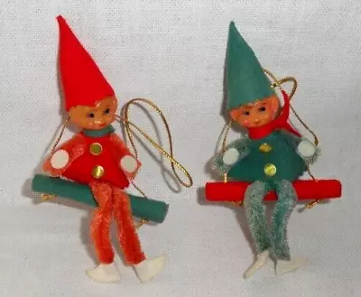 2 Vintage Elf/Elves Pixie ~ Knee Hugger Swinging Ornaments ~ Pipe Cleaner/Felt • $35