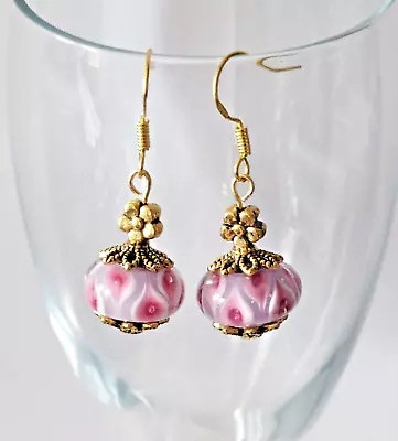 925 Sterling Gold Hook Murano Glass Lampwork Dangle Drop Earrings Lavender Pink • $14.98