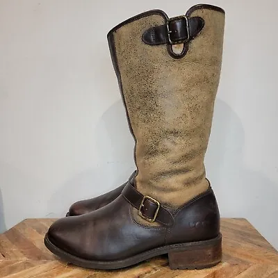 Ugg Women's Chancery Bomber Stout Brown Leather Zipper Sheepskin Boots Size 9.5 • $44