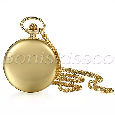 Men's Polish Glossy Gold Round Quartz Pocket Watch Sweater Chain Necklace Unisex • $8.99