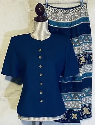 VTG Amanda Smith 2 Pc Skirt Suit Women Size 6 Teal Blue Short Sleeve • $37.50