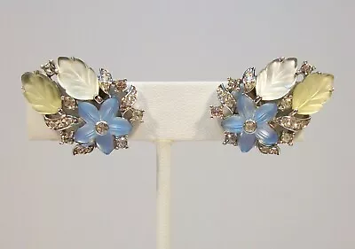 Vintage Signed Crown TRIFARI Blue Flower & Leaves Rhinestone Clip-On Earrings • $50