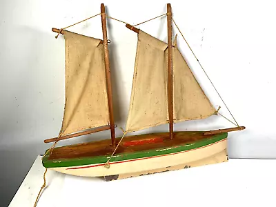 Vintage Sail Boat Pond Yacht Model Toy Painted Wood Small 13  Long • $25