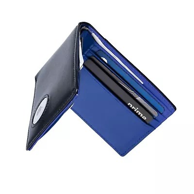 Mens Wallet With AirTag Holder Slim Genuine Leather Bifold AirTag (Black/Blue) • $22.99