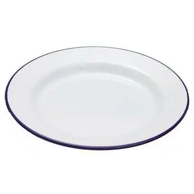 White Enamel Dinner Pie Plate Blue Rim Serving Roasting Baking Camping 22cm • £6.79