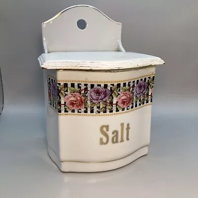Antique Salt Box With Wooden Lid Flower Pattern And Gold Trim Made In Germany • $39