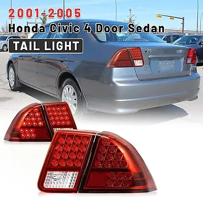 LED Tail Lights For 2001-2005 Honda Civic 4 Door Sedan Chrome Red Pair Rear Lamp • $128.99