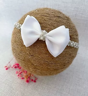 White Christening Headband Baptism Headband Bow Pearls Lace Baby Tiara • £8.50