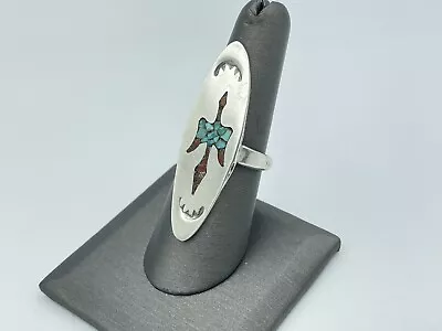 Vintage Navajo Sterling Silver Turquoise Coral Inlay Peyote Bird Elongated Ring • $27.95