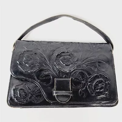 Vintage La India Bonita Mexican Black Leather Tooled Purse Handbag • $39.95