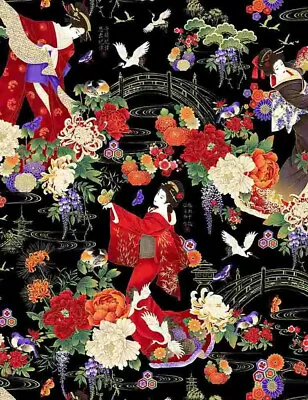 Koko Geishas In Garden With Bridge Metallic Highlights Black Cotton Fabric 175cm • $36.96