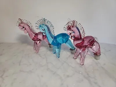 Vintage 3pc Murano Art Glass Horse Figures Figurines 4-3/4  Pink & Blue Statues • $48.99