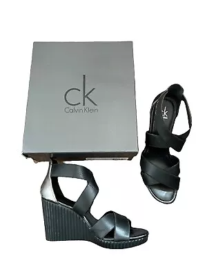 Calvin Klein Wedge Shoes Heels Size 6 Nathalie Mirror Leather Shiny RRP £190 • £19.99