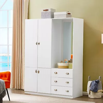 Wood Wardrobe Armoire Closet White W/ Mirror Freestanding Bedroom Cabinet  • $409.99