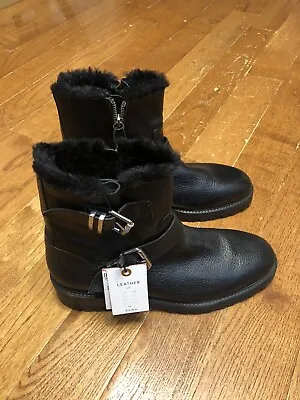 Zara Black Leather Ankle Boots Biker Buckles Fur Size 39 (8) • $45