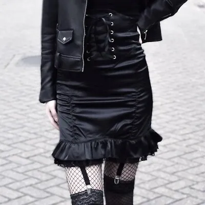 $26.59 • Buy Women Black Ruffle Frill Bodycon Skirt High Waist Lace Up Gothic Punk Party Sexy
