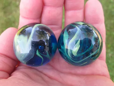 2 BOULDERS 35mm SEA TURTLE Marbles Glass Ball Clear Blue/Green LARGE HUGE Swirl • $9.95