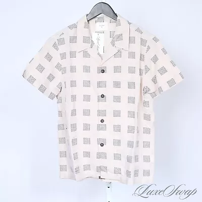 Billy Reid Linen Blend Ecru Retro Gradient Cubes 3 Pocket Rat Pack Camp Shirt M • $9.99