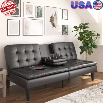 Convertible Memory Foam Futon Sofa Bed Couch W/ Cup Holder & USB Faux Leather US • $297