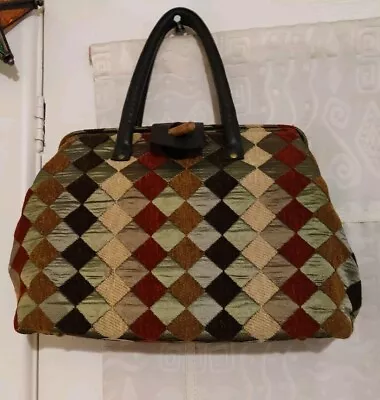 Vintage MINT Multi Coloured Tapestry Carpet Style Bag Velour Leather Handles Gc • £39.95