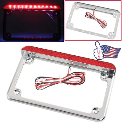 Chrome License Plate Frame Holder Red Lens W/LED Tail Brake Light Lamp Universal • $22.17