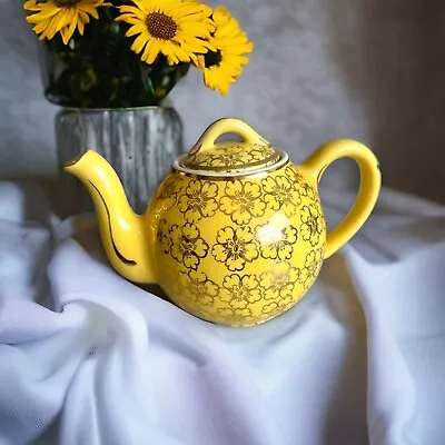 Vintage Hall China French Flower Gold Decorated Yellow Teapot 2 Cup 059 • $41.99