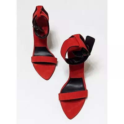 Zara WOMAN Red Suede Leather Pointed Toe Ankle Strap High Heel Sandals Size 6 • $69.99