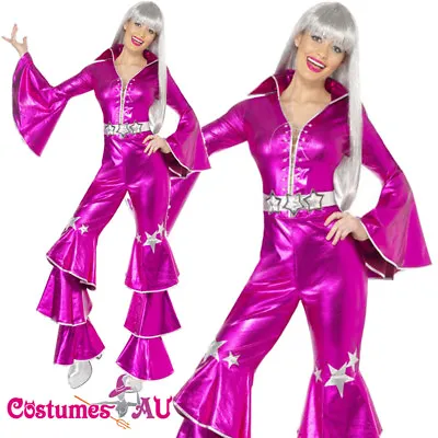 Ladies Dancing Queen 60s 70s Costume Retro Hippie Tribute Jumpsuit Fancy Dress • $53.19