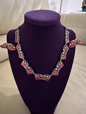 Vintage Matisse Red Enamel Copper Jewerly SET Necklace & Clip Earrings Signed • $65