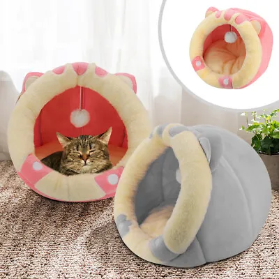 Pet Cats Small Dogs Igloo Cave Bed Cat Tent Plush Hooded Sleeping Bed & Cushion • £27.59