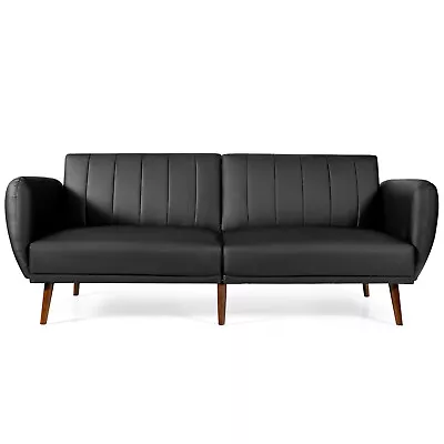 Costway Convertible Futon Sofa Bed PU Adjustable Couch Sleeper W/Wood Legs Black • $349.99