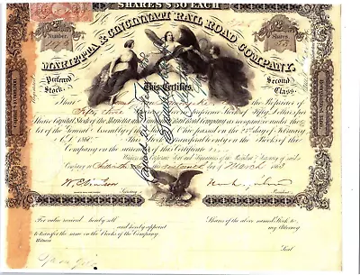 Marietta & Cincinnati Rail Road Company....1863 Preferred Stock Certificate • $55.95