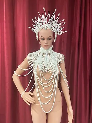 Da NeeNa J1010 Ice Queen Showgirl Cabaret Vegas Drag Bead Pearl Choker Headdress • $448.91