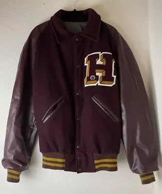 Vintage Varsity Letterman Jacket Leather Wool Burgundy H Patch Football Size M • $55.44