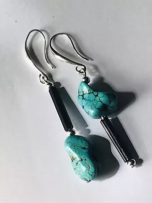 Mismatched Genuine Turquoise Matrix Nuggets  Unique Artisan Blue Earrings • £26